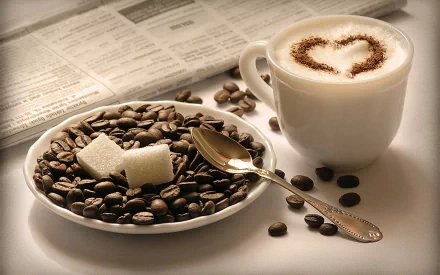 HD desktop wallpaper showing a cup of coffee with a heart-shaped foam design, a spoon, a plate of coffee beans, sugar cubes, and a newspaper in the background.