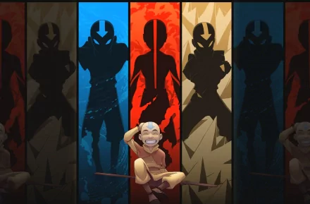 HD PC desktop wallpaper featuring stylized silhouettes of Avatar: The Last Airbender characters with Aang prominently in the foreground against vibrant colored panels.