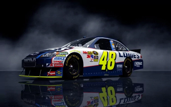 HD desktop wallpaper of a sleek sports car with the number 48, featuring vibrant sponsor logos on a reflective surface against a dark background.