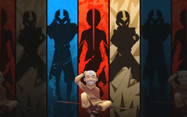 HD PC desktop wallpaper featuring stylized silhouettes of Avatar: The Last Airbender characters with Aang prominently in the foreground against vibrant colored panels.