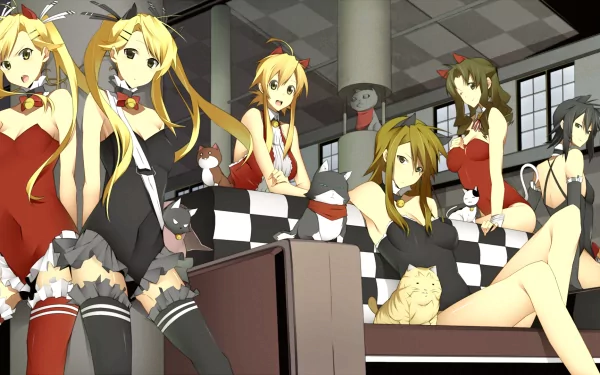 HD anime desktop wallpaper featuring characters from Nyan Koi! in stylish outfits, set in a modern room with a checkerboard-themed décor and several cats.