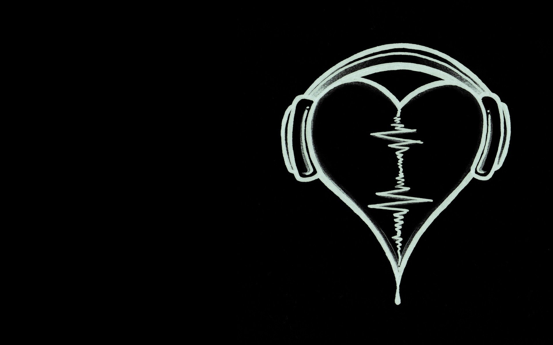 Artistic HD wallpaper featuring a heart shape adorned with headphones and a soundwave design, reflecting themes of love and music against a black background.