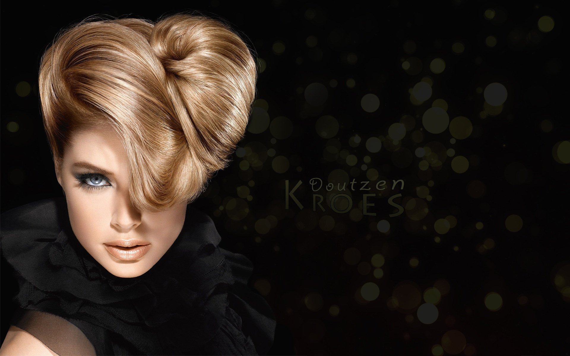 HD PC desktop wallpaper featuring celebrity Doutzen Kroes with dramatic hairstyle and dark, elegant background.