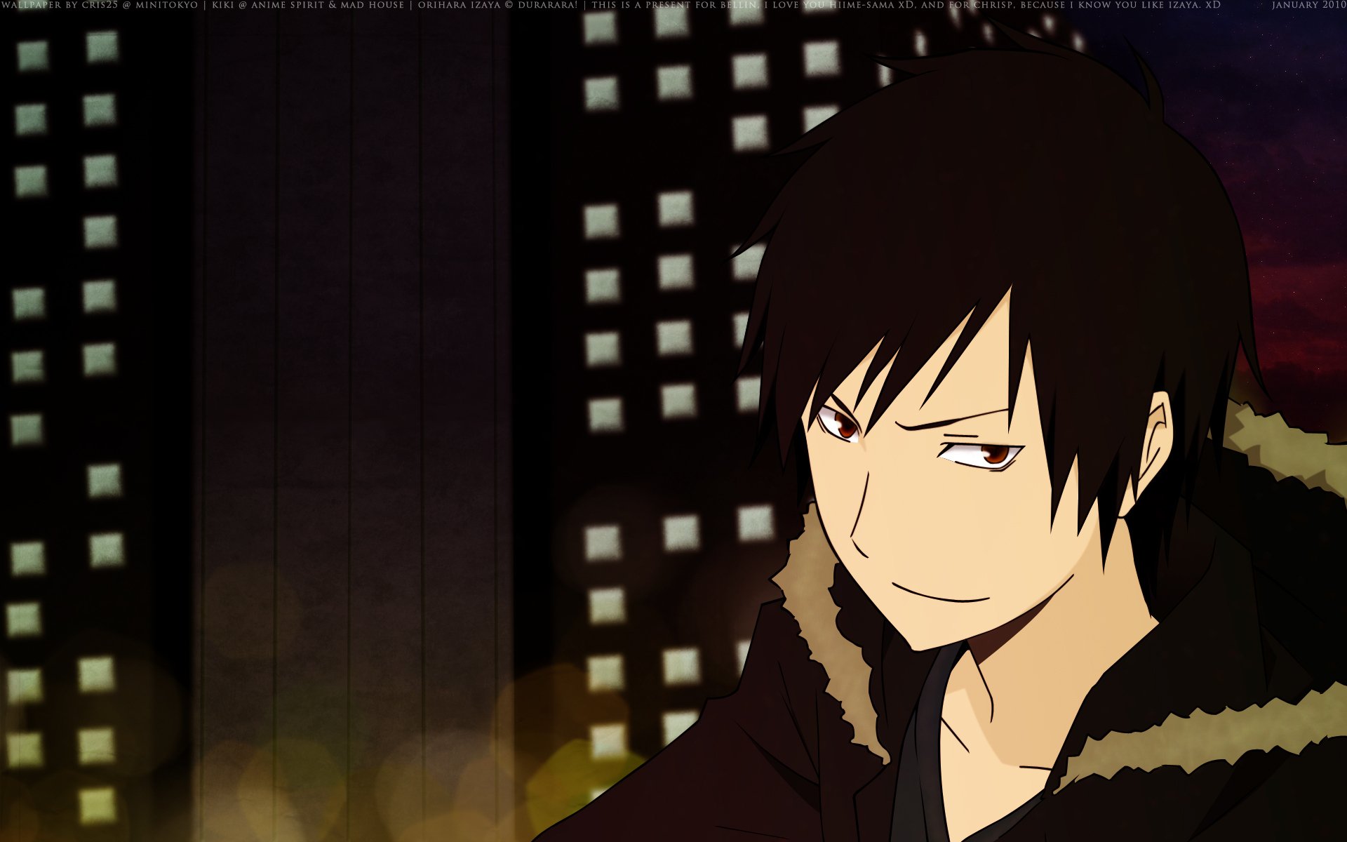 HD PC desktop wallpaper featuring Izaya Orihara from the anime Durarara!! with a nighttime cityscape background.