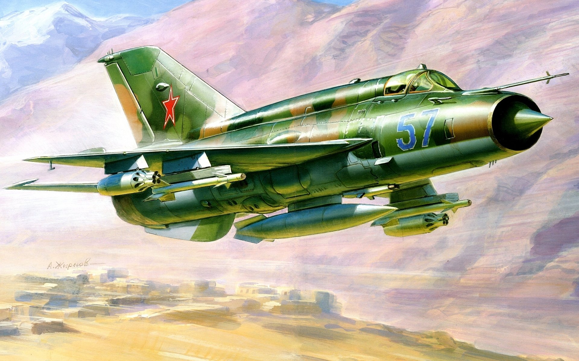 HD desktop wallpaper featuring a detailed military aircraft in flight, painted in camouflage with a red star and blue number 57 on its fuselage against a cloudy sky.