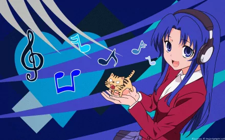 HD anime desktop wallpaper featuring Ami Kawashima from Toradora! wearing headphones, holding a small cat, with colorful musical notes floating around.