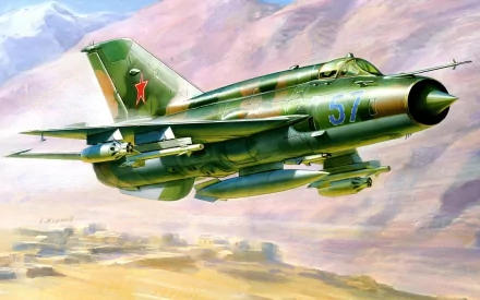 HD desktop wallpaper featuring a detailed military aircraft in flight, painted in camouflage with a red star and blue number 57 on its fuselage against a cloudy sky.