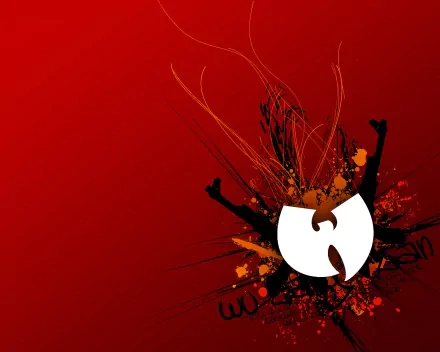 HD PC desktop wallpaper featuring the Wu-Tang Clan logo with dynamic orange and black splashes on a red background, celebrating iconic music culture.