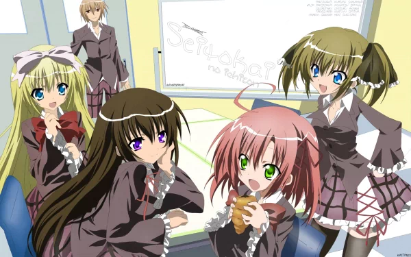 HD PC desktop wallpaper and background of Anime Seitokai No Ichizon: five schoolgirls in uniforms smiling around a classroom table, bright colors and expressive faces.