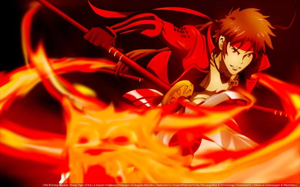 An HD desktop wallpaper featuring an anime character from Sengoku Basara wielding a fiery weapon with intense focus and determination. The background is ablaze with vivid, swirling flames.