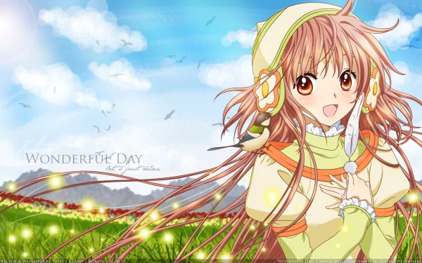 Kobato Hanato from the anime Kobato smiling in a sunny meadow, long pink hair with headphones, pastel sky and flowers — vibrant HD PC desktop wallpaper background.
