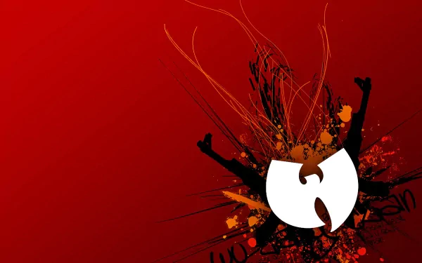 HD PC desktop wallpaper featuring the Wu-Tang Clan logo with dynamic orange and black splashes on a red background, celebrating iconic music culture.