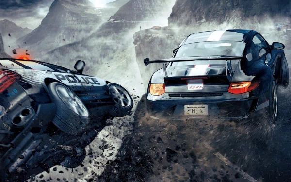 HD PC desktop wallpaper featuring intense racing action from the video game Need For Speed: The Run, showcasing a dramatic chase between a sports car and a police vehicle.