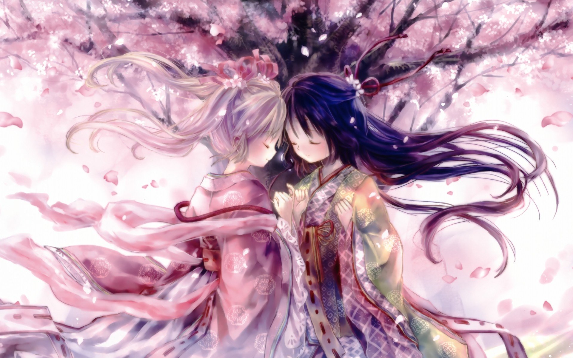 An enchanting HD anime wallpaper featuring two characters in colorful attire, surrounded by blooming cherry blossoms, capturing a moment of intimacy and serenity.