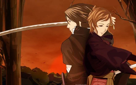 Bakumatsu Kikansetsu Irohanihoheto HD wallpaper: two sword-wielding characters stand back-to-back against a fiery orange sunset and silhouetted landscape.
