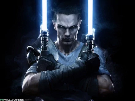 HD wallpaper featuring Starkiller from Star Wars: The Force Unleashed II, showcasing a powerful stance with dual lightsabers against a dramatic background.