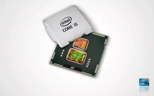 Close-up HD desktop wallpaper featuring an Intel Core i5 processor chip, highlighting advanced technology and computing power.