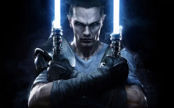 HD wallpaper featuring Starkiller from Star Wars: The Force Unleashed II, showcasing a powerful stance with dual lightsabers against a dramatic background.