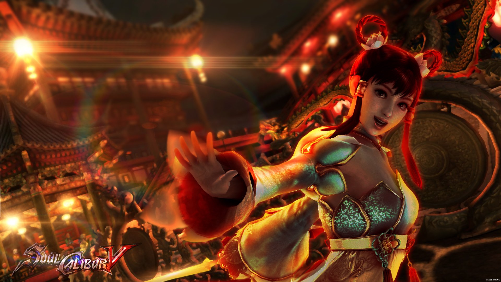 HD PC desktop wallpaper from the Soulcalibur video game: red-haired female fighter in ornate armor strikes a dynamic pose amid lantern-lit, fiery arena surroundings.