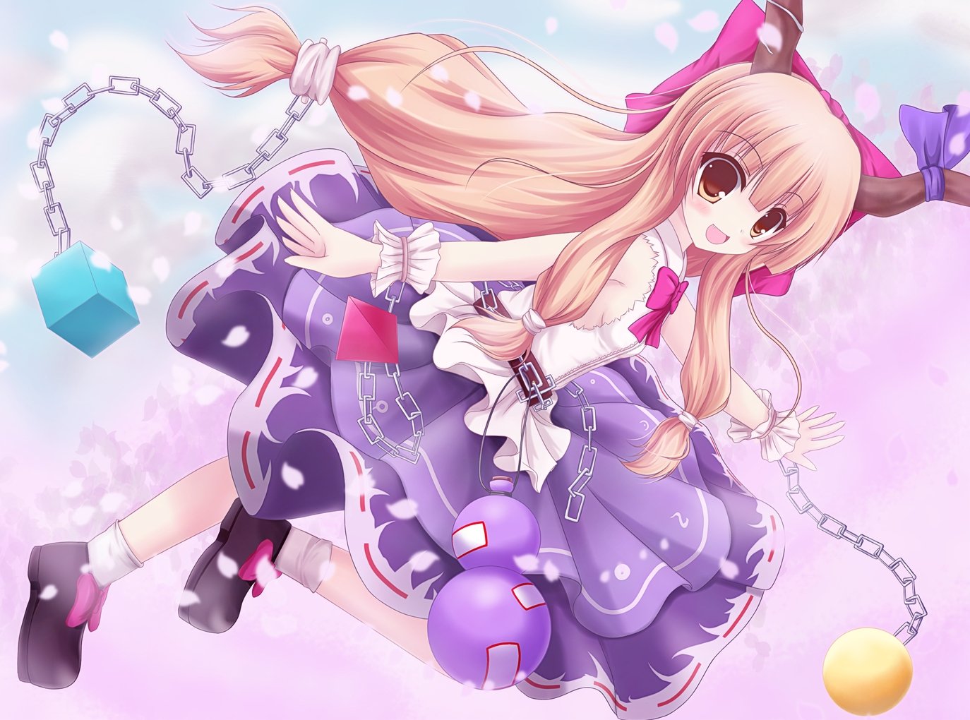 HD PC wallpaper of Suika Ibuki (Touhou): blonde long hair, brown eyes, small horns, petal motifs and chains, flowing purple skirt against a soft pastel background.