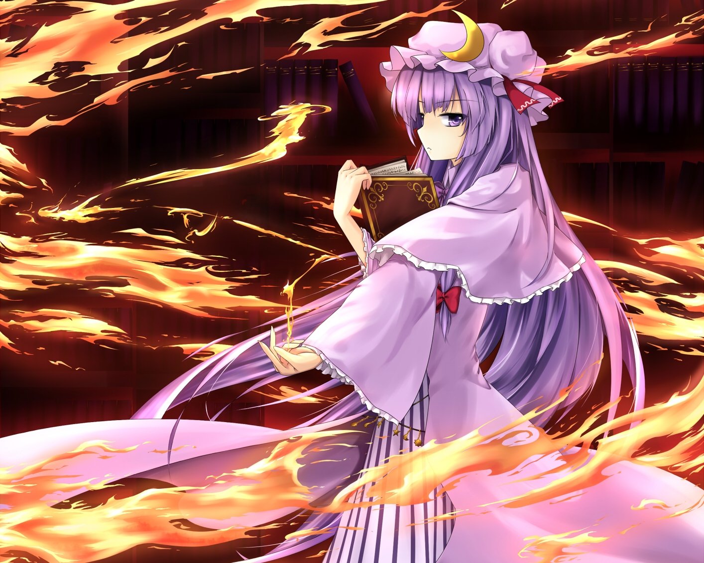 Anime HD desktop wallpaper of Patchouli Knowledge from Touhou, with flowing purple hair and eyes, holding a book surrounded by dynamic flames.