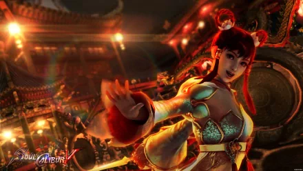 HD PC desktop wallpaper from the Soulcalibur video game: red-haired female fighter in ornate armor strikes a dynamic pose amid lantern-lit, fiery arena surroundings.