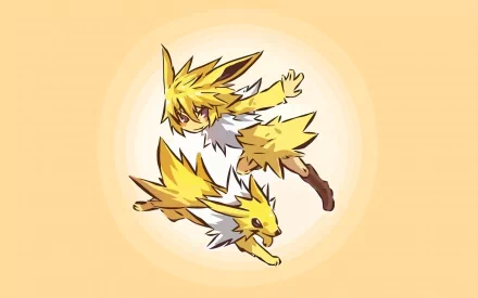 This HD wallpaper features Jolteon, an electric Pokémon from the Eeveelutions, depicted in anime style with a soft orange background.