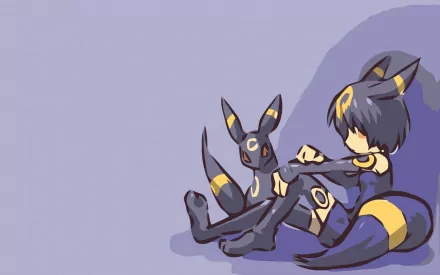 A stylish HD wallpaper featuring Umbreon, a dark Pokémon, alongside a character in an anime style, showcasing the charm of Eeveelutions in a serene composition.