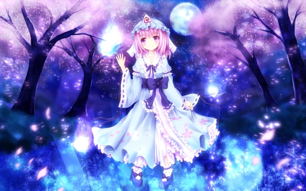 HD anime wallpaper of Yuyuko Saigyouji (Touhou) in traditional Japanese dress beneath a glowing moon, with pink hair and purple eyes amid an ethereal blue-purple forest background.