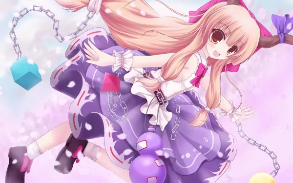 HD PC wallpaper of Suika Ibuki (Touhou): blonde long hair, brown eyes, small horns, petal motifs and chains, flowing purple skirt against a soft pastel background.