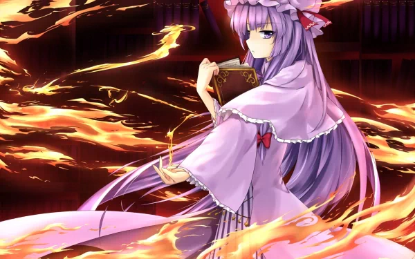 Anime HD desktop wallpaper of Patchouli Knowledge from Touhou, with flowing purple hair and eyes, holding a book surrounded by dynamic flames.