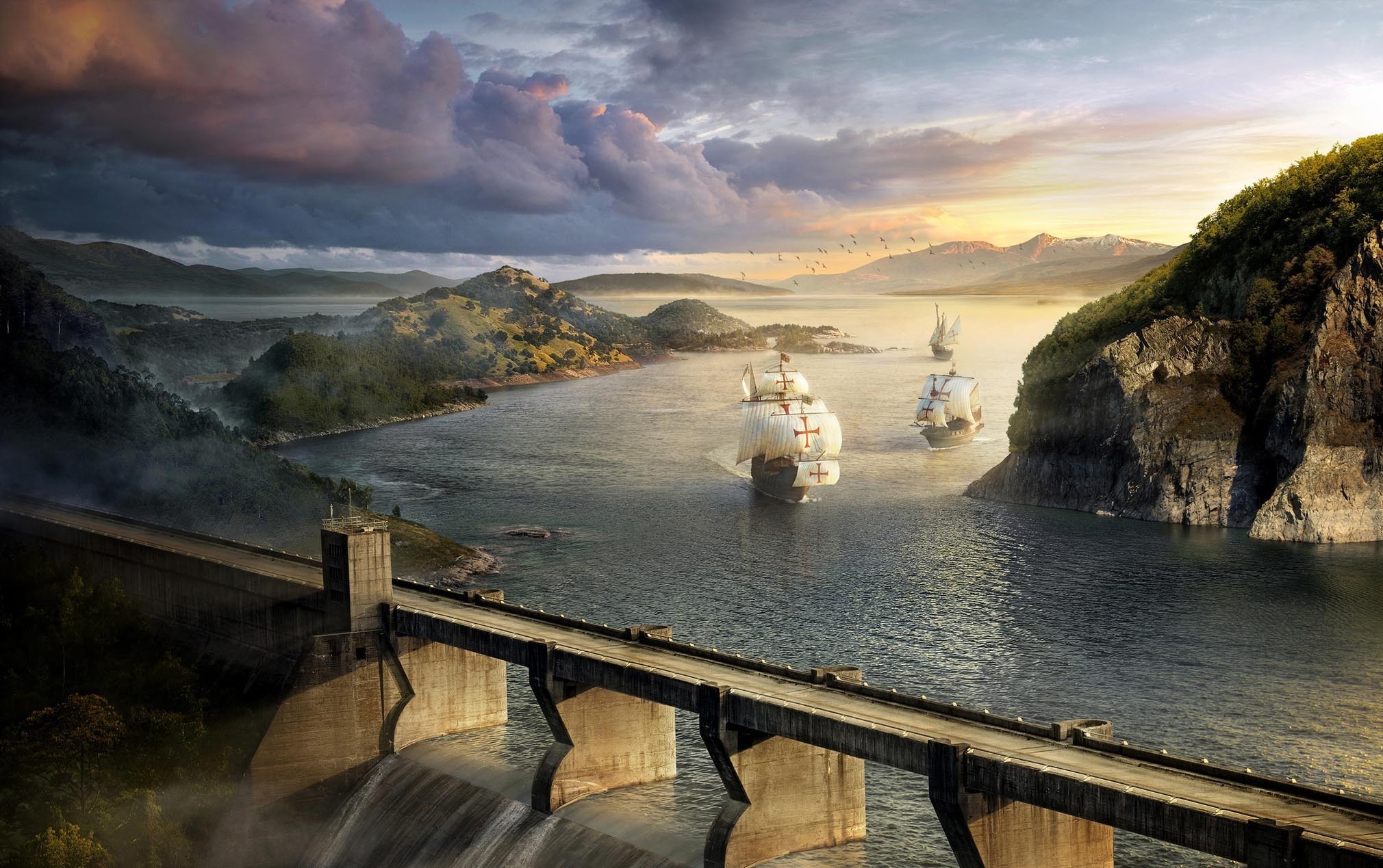 Download River Fantasy Ship HD Wallpaper