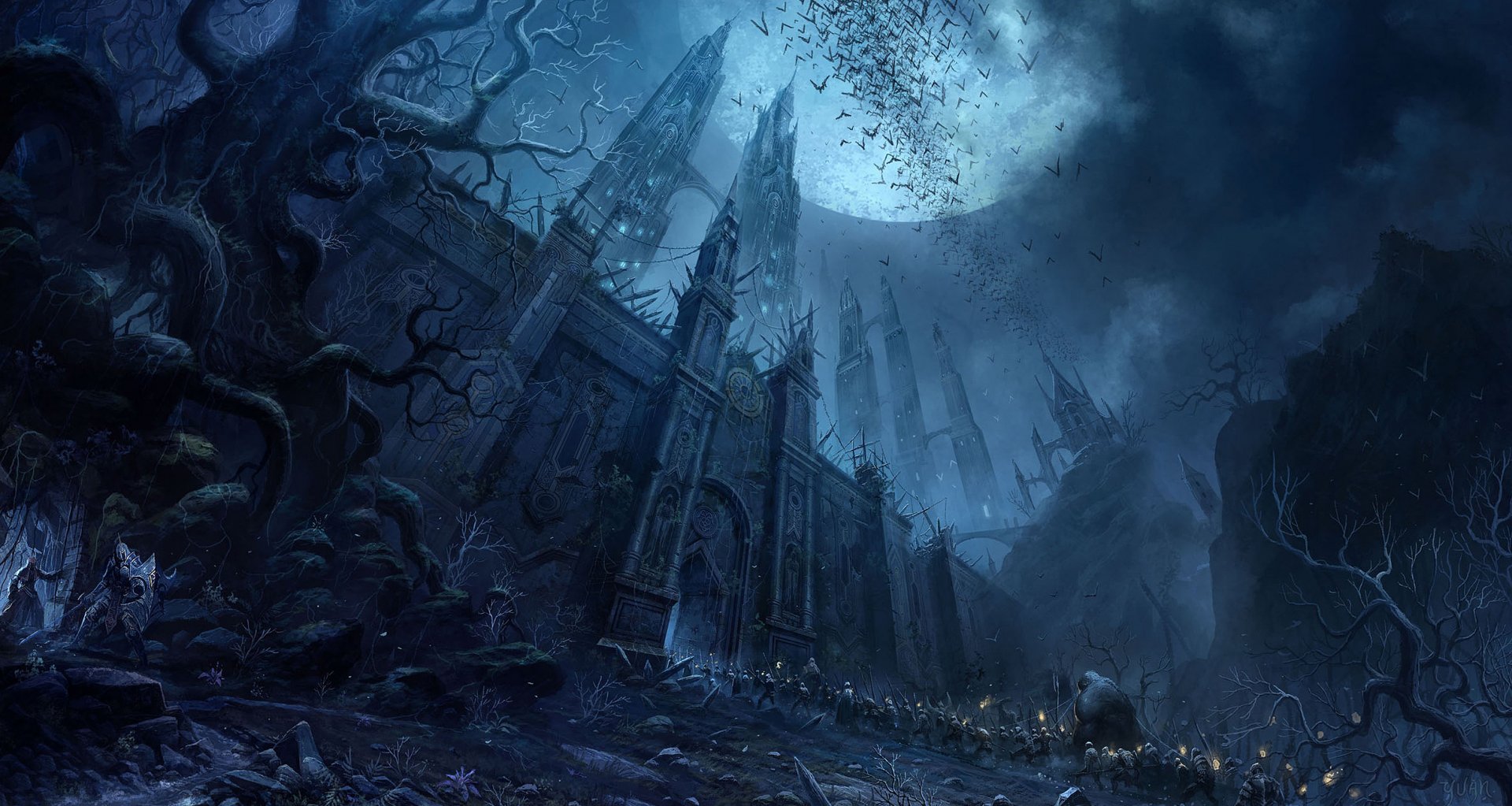 A dark, atmospheric fantasy landscape featuring towering gothic spires under a full moon, with twisted trees and swirling mist, rendered as an HD artistic PC desktop wallpaper.