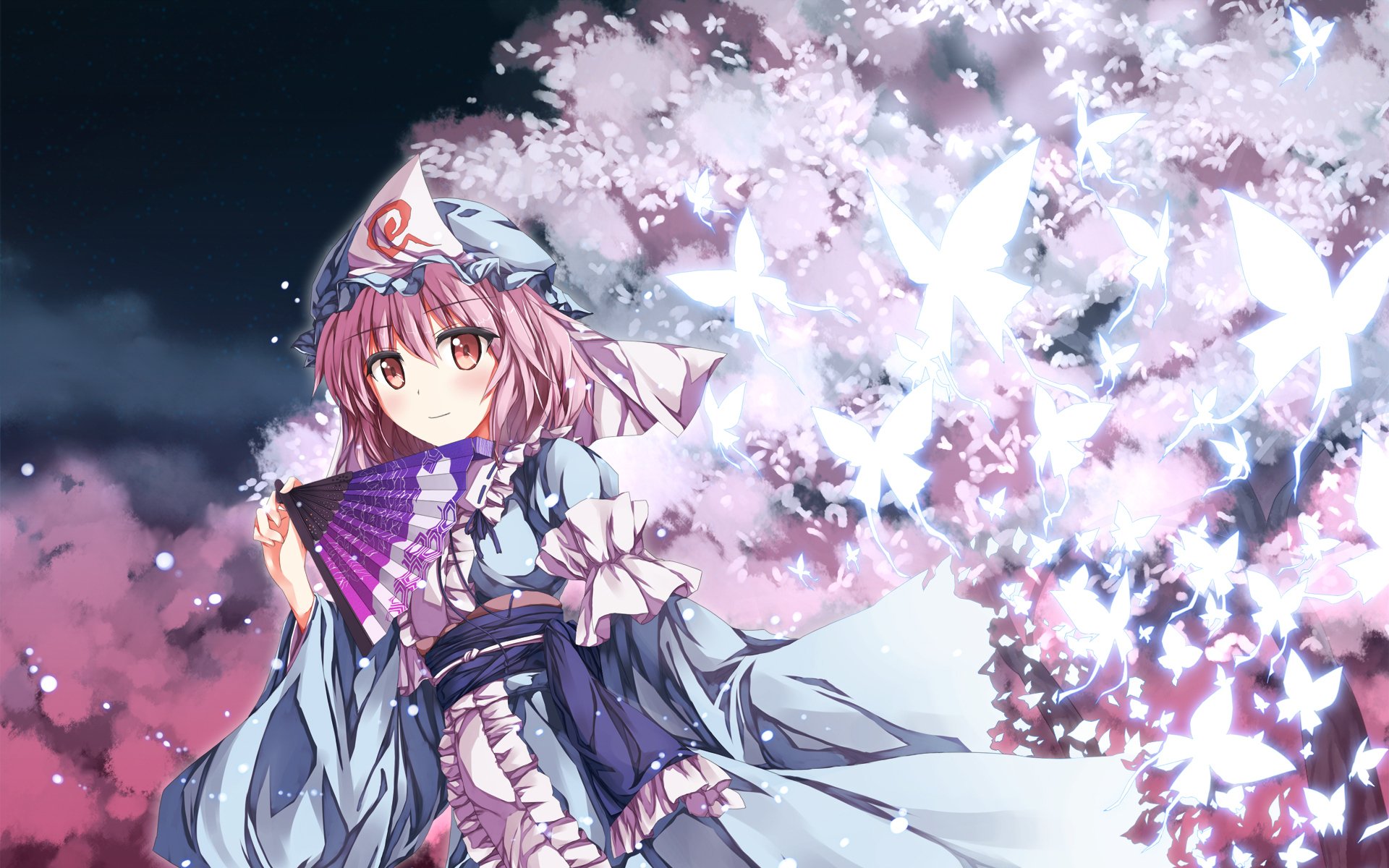 Yuyuko Saigyouji (Touhou) anime HD PC desktop wallpaper: pink‑haired ghostly maiden in kimono with a fan, cherry blossoms and glowing spirits at night.