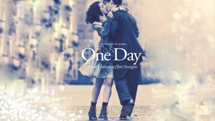 HD desktop wallpaper featuring a romantic scene from the movie One Day (2011) with Anne Hathaway and Jim Sturgess embracing in a city street.