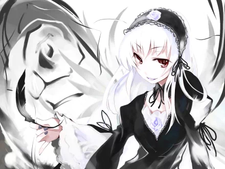 Suigintou from Rozen Maiden stands elegantly against a swirling background, showcasing her signature black dress and striking features in this HD anime wallpaper.