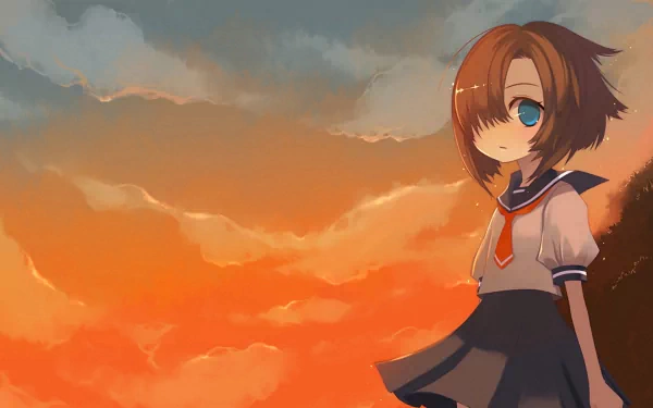 Rena Ryūgū from Higurashi When They Cry stands against a vibrant sunset, featuring her distinctive blue eyes and school uniform, creating a captivating anime scene.