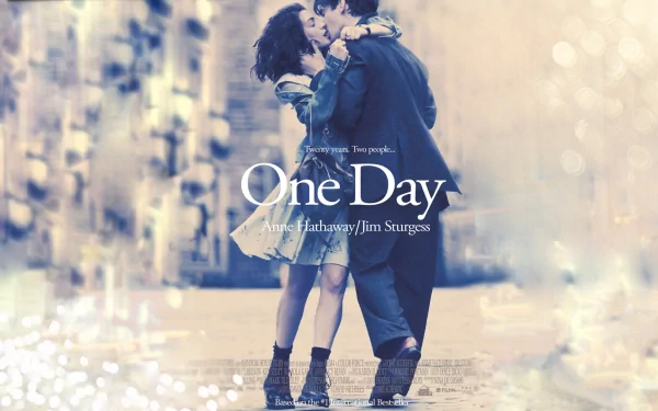 HD desktop wallpaper featuring a romantic scene from the movie One Day (2011) with Anne Hathaway and Jim Sturgess embracing in a city street.