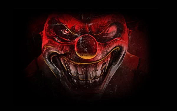 A vivid HD desktop wallpaper featuring the menacing clown from the video game Twisted Metal, set against a dark, ominous background, capturing its intense and chaotic vibe.