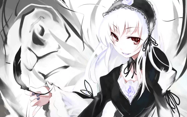 Suigintou from Rozen Maiden stands elegantly against a swirling background, showcasing her signature black dress and striking features in this HD anime wallpaper.