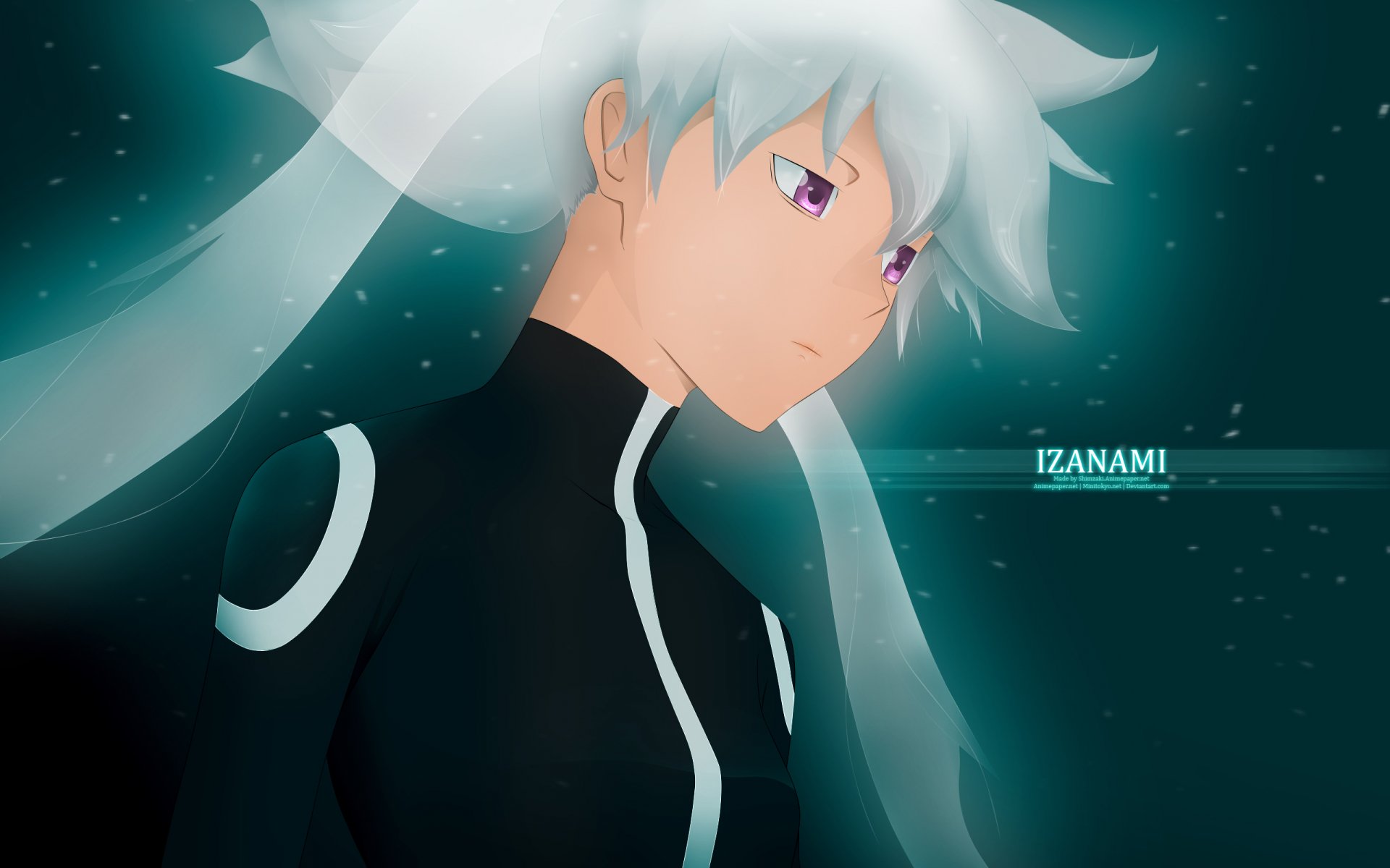 Yin (Darker Than Black) anime 2K Quad HD PC desktop wallpaper/background — Yin with pale hair and purple eyes against a teal starfield, IZANAMI text.