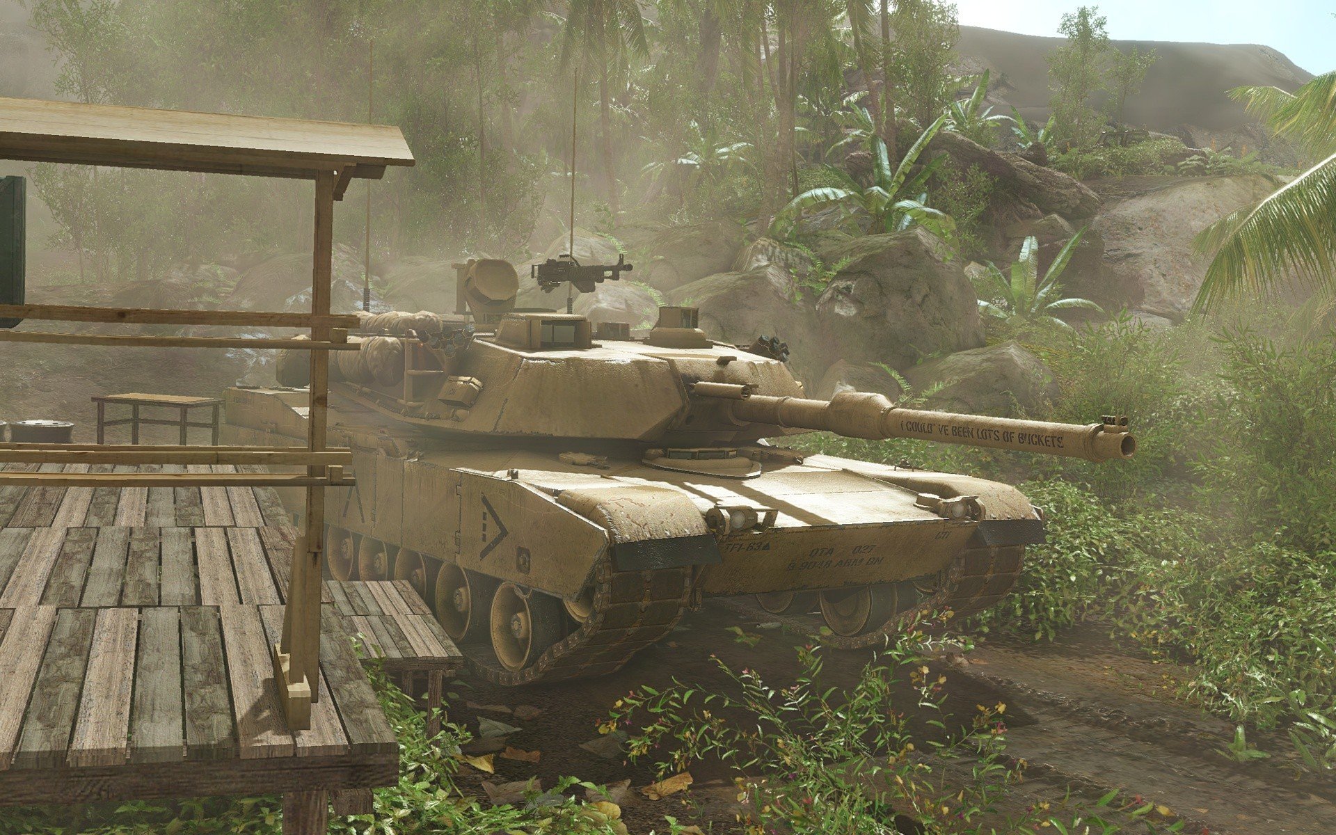 Crysis video game HD PC desktop wallpaper: military tank rolling through a tropical jungle village, dust kicked up beside a wooden dock and dense palm foliage.
