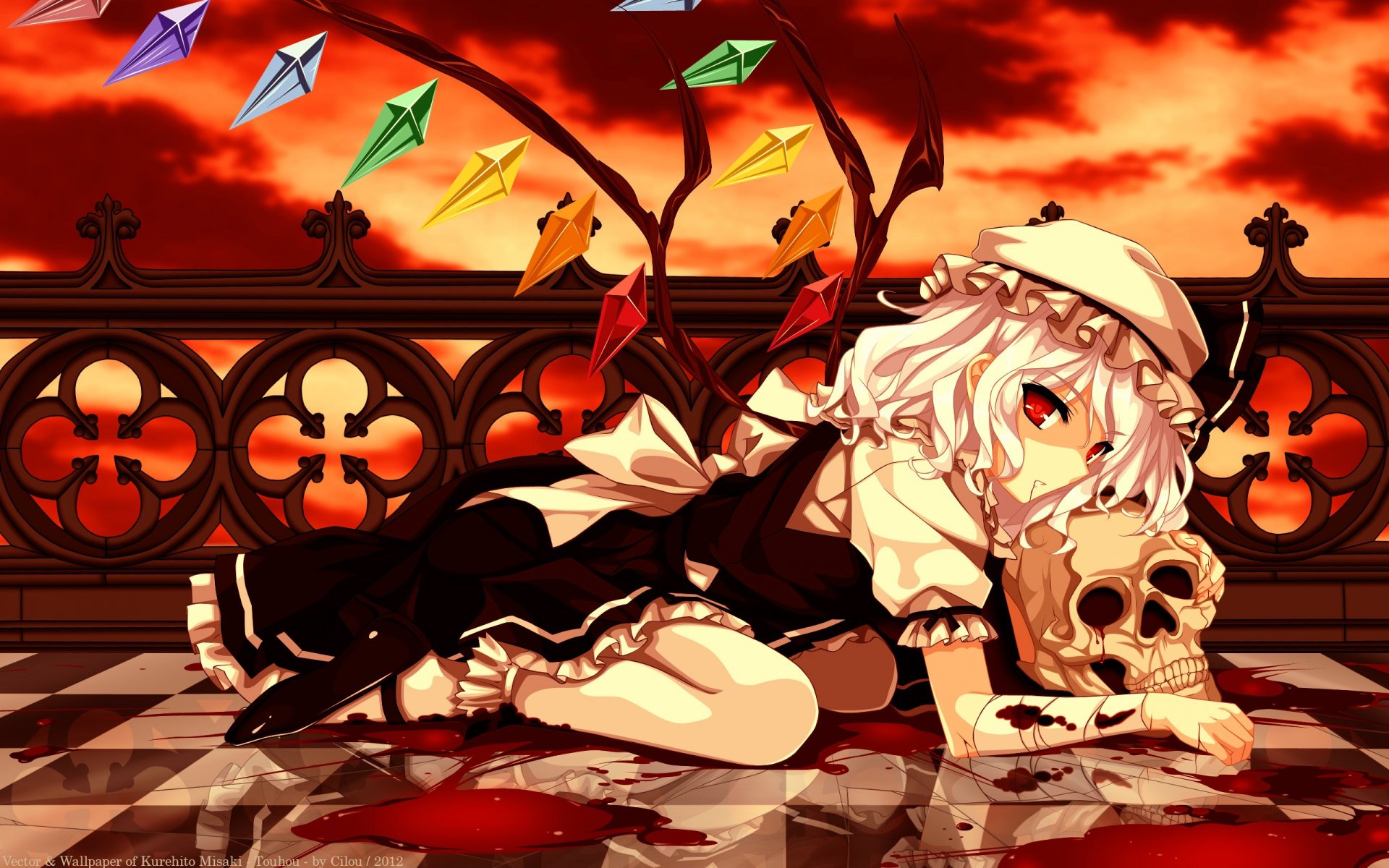 A vivid HD wallpaper featuring Flandre Scarlet from the anime Touhou, depicted with colorful gems surrounded by a dark, dramatic background.
