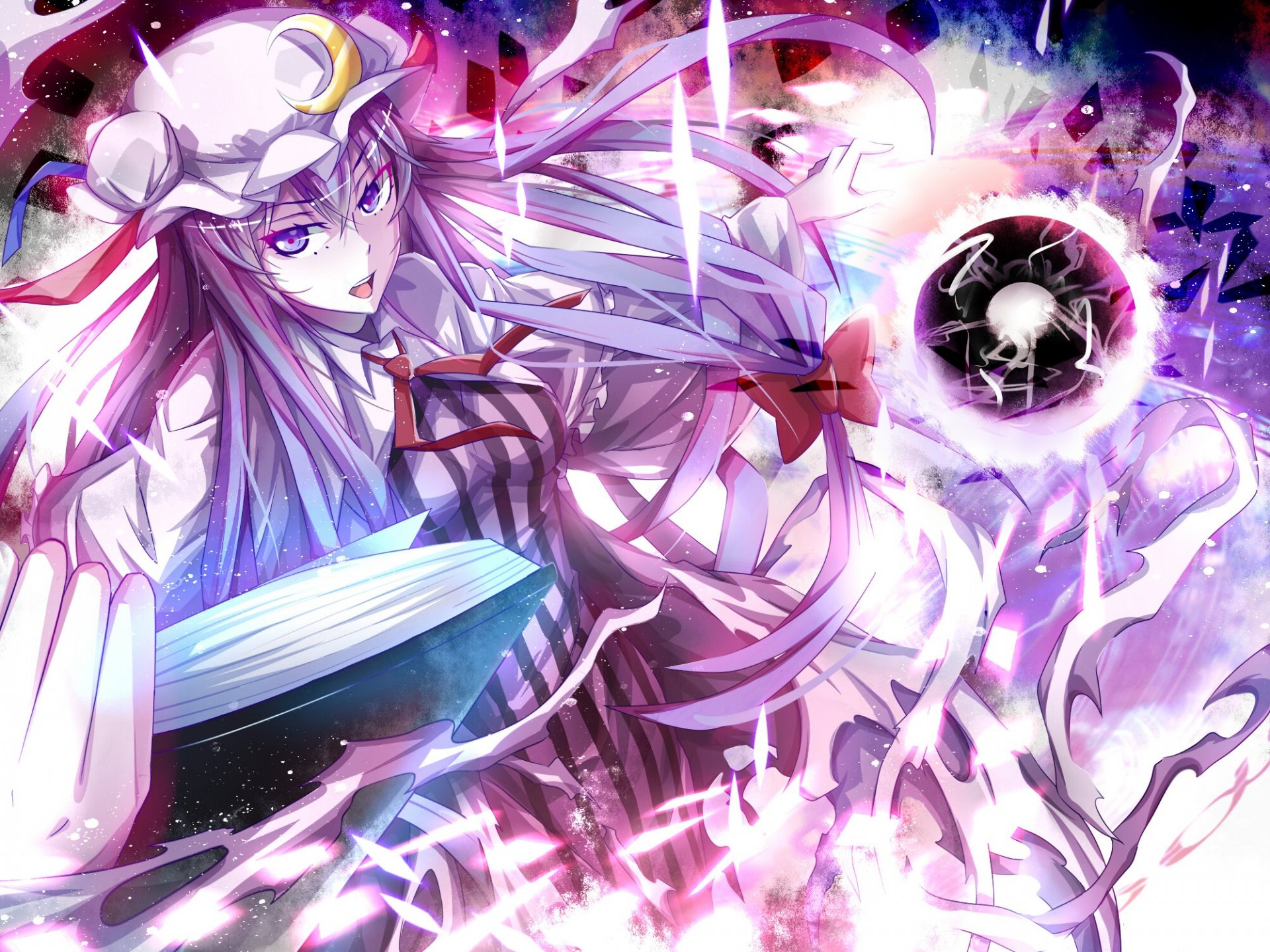 HD PC desktop wallpaper of Patchouli Knowledge from Touhou — anime mage with flowing purple hair, holding a book while purple arcane energy and glowing orbs swirl around her.