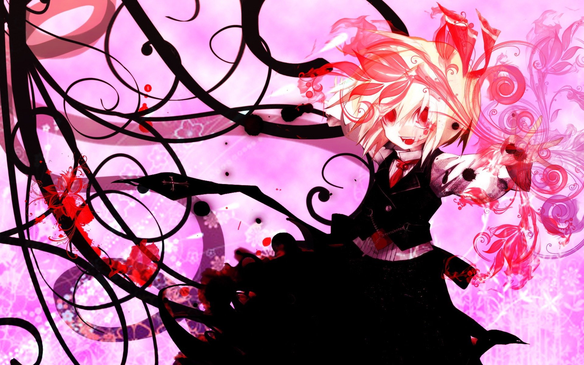 HD PC desktop wallpaper of Rumia (Touhou): blonde, red-eyed anime girl in a dark dress surrounded by swirling black tendrils and pink floral energy.