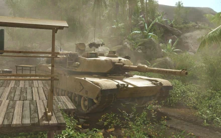 Crysis video game HD PC desktop wallpaper: military tank rolling through a tropical jungle village, dust kicked up beside a wooden dock and dense palm foliage.