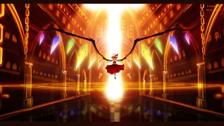Flandre Scarlet from the anime Touhou stands amidst a dramatic, illuminated background, featuring vibrant colors and striking architectural elements. An engaging HD desktop wallpaper.