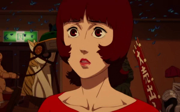 HD PC desktop wallpaper featuring a close-up of a surprised woman from the movie Paprika, surrounded by a detailed, dimly lit background scene.