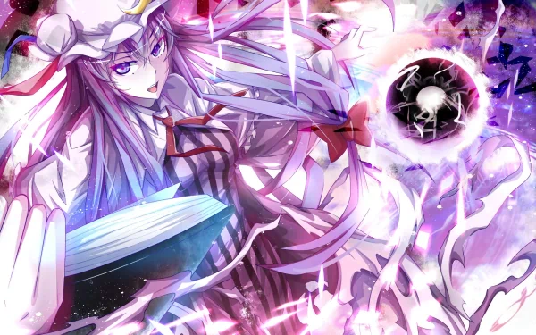 HD PC desktop wallpaper of Patchouli Knowledge from Touhou — anime mage with flowing purple hair, holding a book while purple arcane energy and glowing orbs swirl around her.