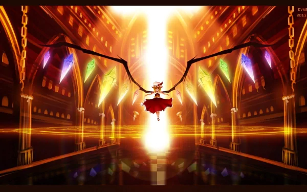 Flandre Scarlet from the anime Touhou stands amidst a dramatic, illuminated background, featuring vibrant colors and striking architectural elements. An engaging HD desktop wallpaper.